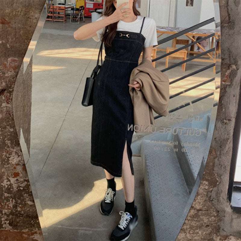 Mid-length Waist Slimming Denim Suspender Skirt Split Sling Dress Women - globaltradeleader