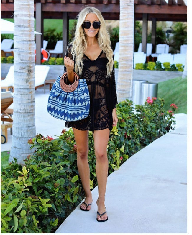 Lace Mesh Embroidered Beach Blouse Bikini Outer Blouse Holiday Beach Skirt - globaltradeleader