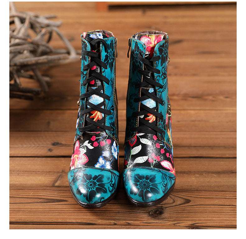 European And Beautiful Women Boots Autumn And Winter Fashion Ethnic Leather Handmade Retro Floral Shoes High-Heeled Boots - globaltradeleader