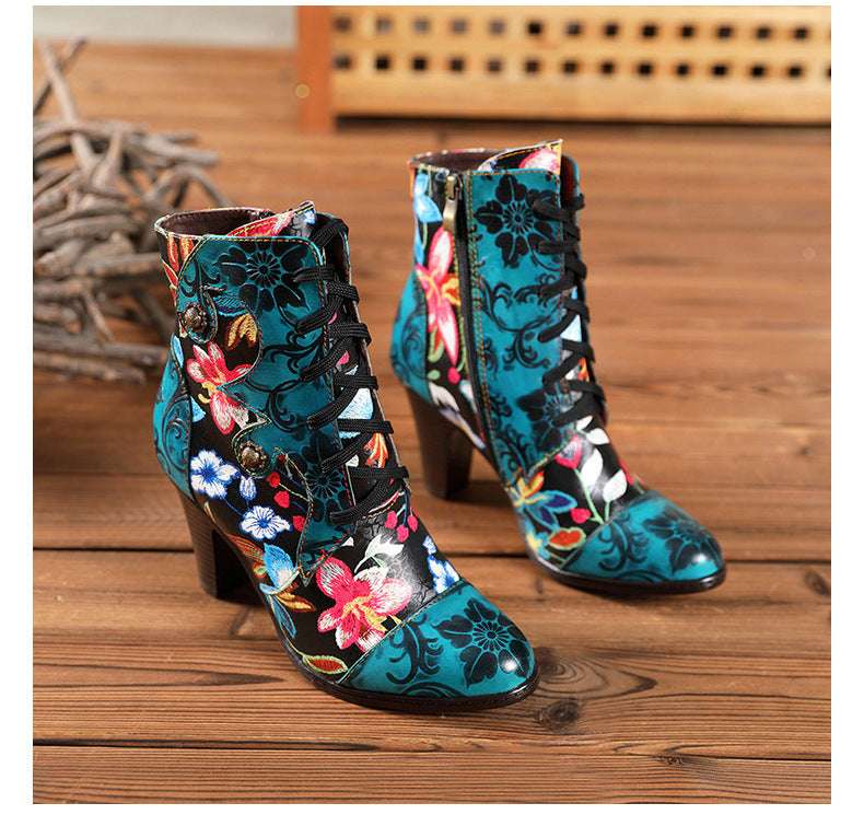 European And Beautiful Women Boots Autumn And Winter Fashion Ethnic Leather Handmade Retro Floral Shoes High-Heeled Boots - globaltradeleader