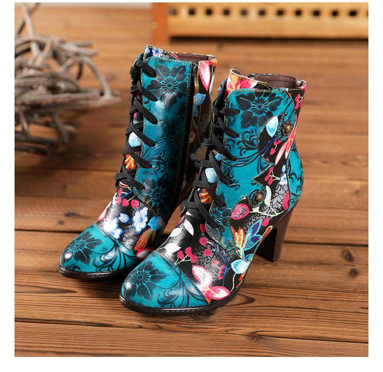 European And Beautiful Women Boots Autumn And Winter Fashion Ethnic Leather Handmade Retro Floral Shoes High-Heeled Boots - globaltradeleader