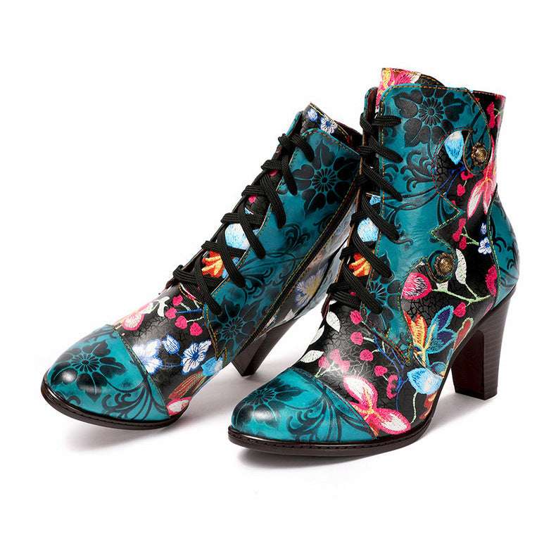 European And Beautiful Women Boots Autumn And Winter Fashion Ethnic Leather Handmade Retro Floral Shoes High-Heeled Boots - globaltradeleader