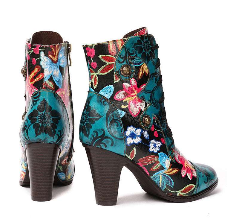 European And Beautiful Women Boots Autumn And Winter Fashion Ethnic Leather Handmade Retro Floral Shoes High-Heeled Boots - globaltradeleader