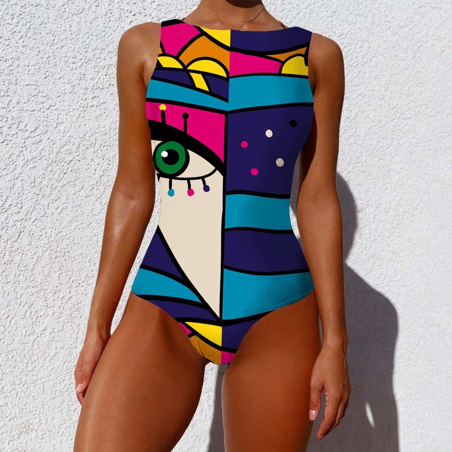One-piece Fashion Vintage Abstract Print Lady Swimsuit Women Sleeveless Round Neck Bikini Swimwear Summer Push Up Swimsuit - globaltradeleader