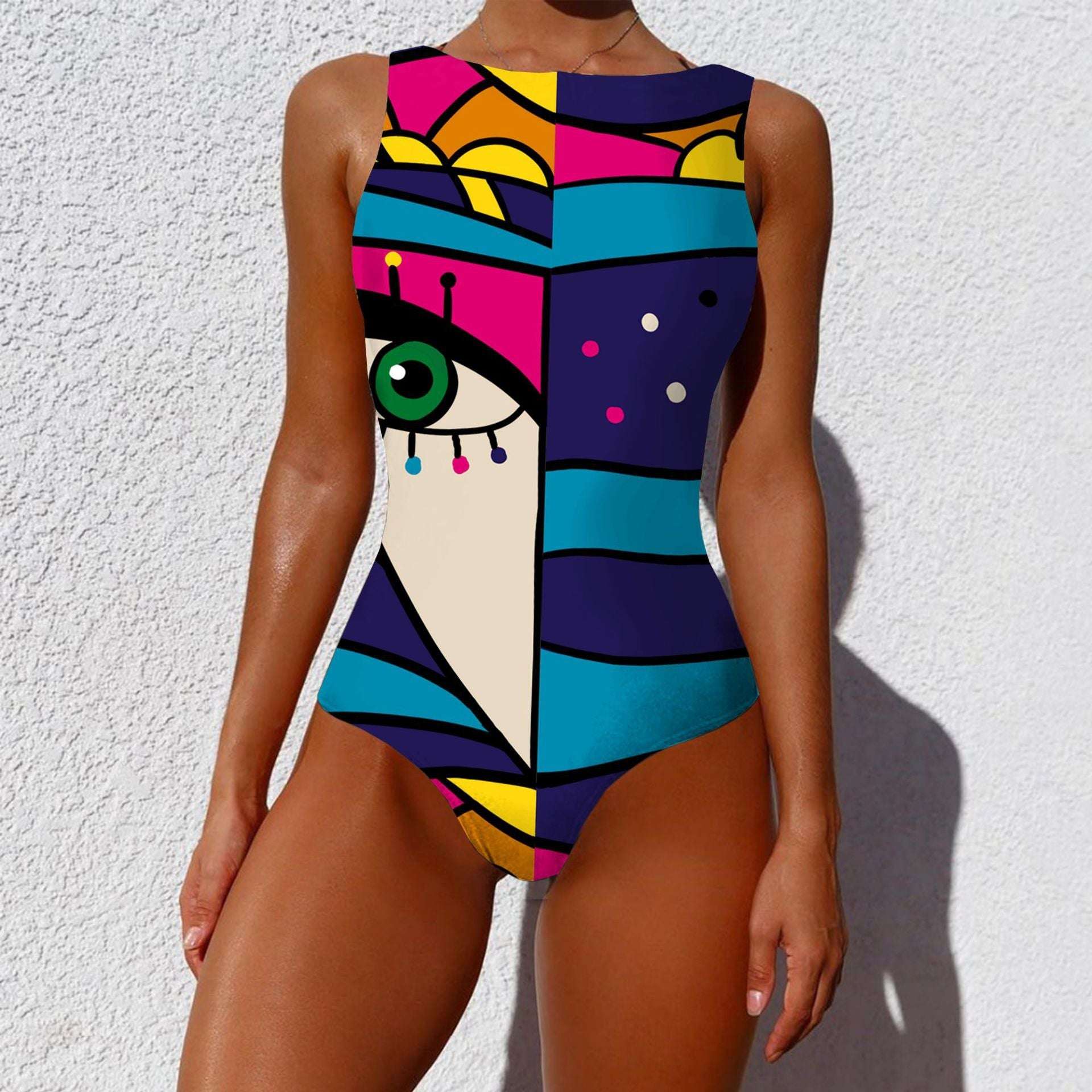 One-piece Fashion Vintage Abstract Print Lady Swimsuit Women Sleeveless Round Neck Bikini Swimwear Summer Push Up Swimsuit - globaltradeleader
