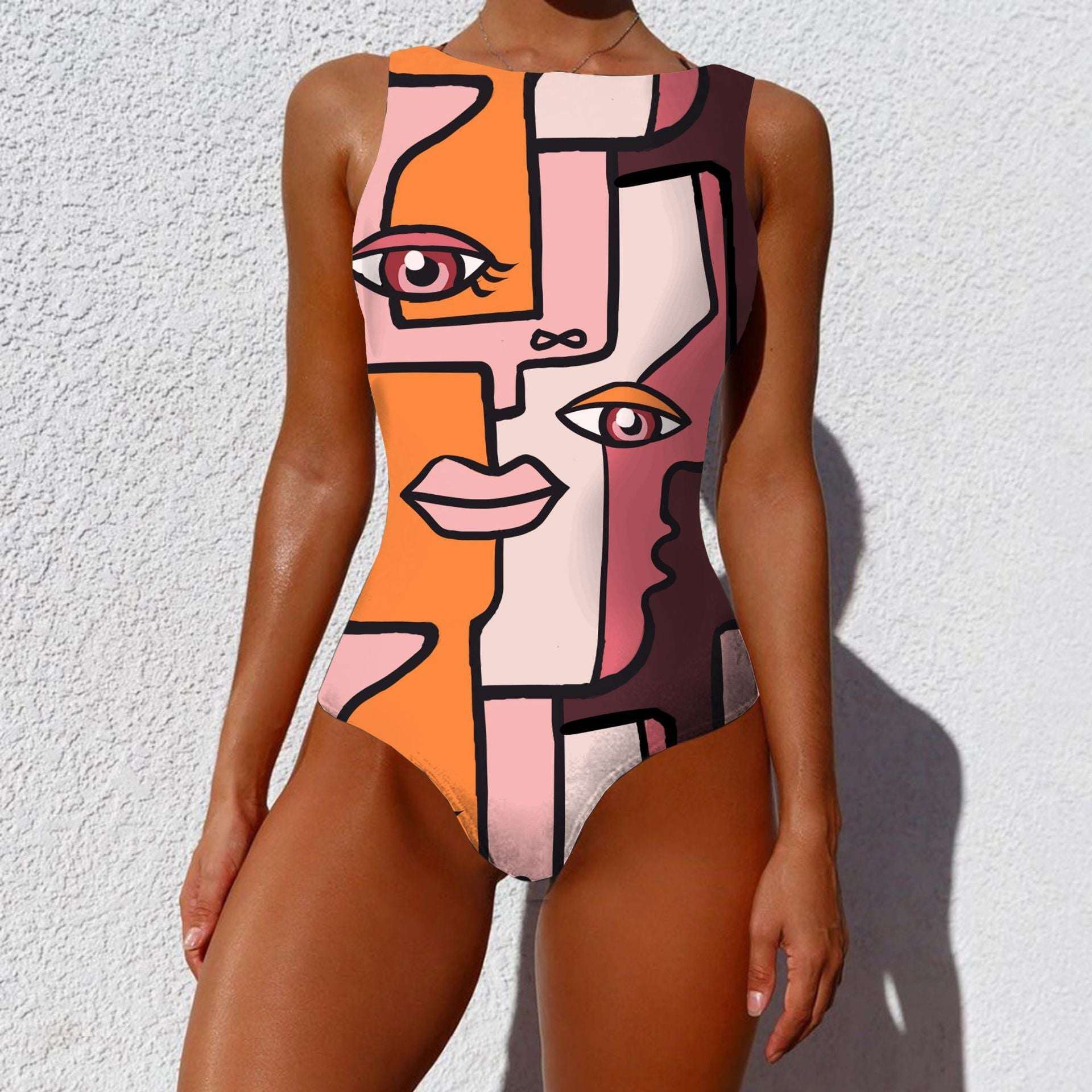 One-piece Fashion Vintage Abstract Print Lady Swimsuit Women Sleeveless Round Neck Bikini Swimwear Summer Push Up Swimsuit - globaltradeleader