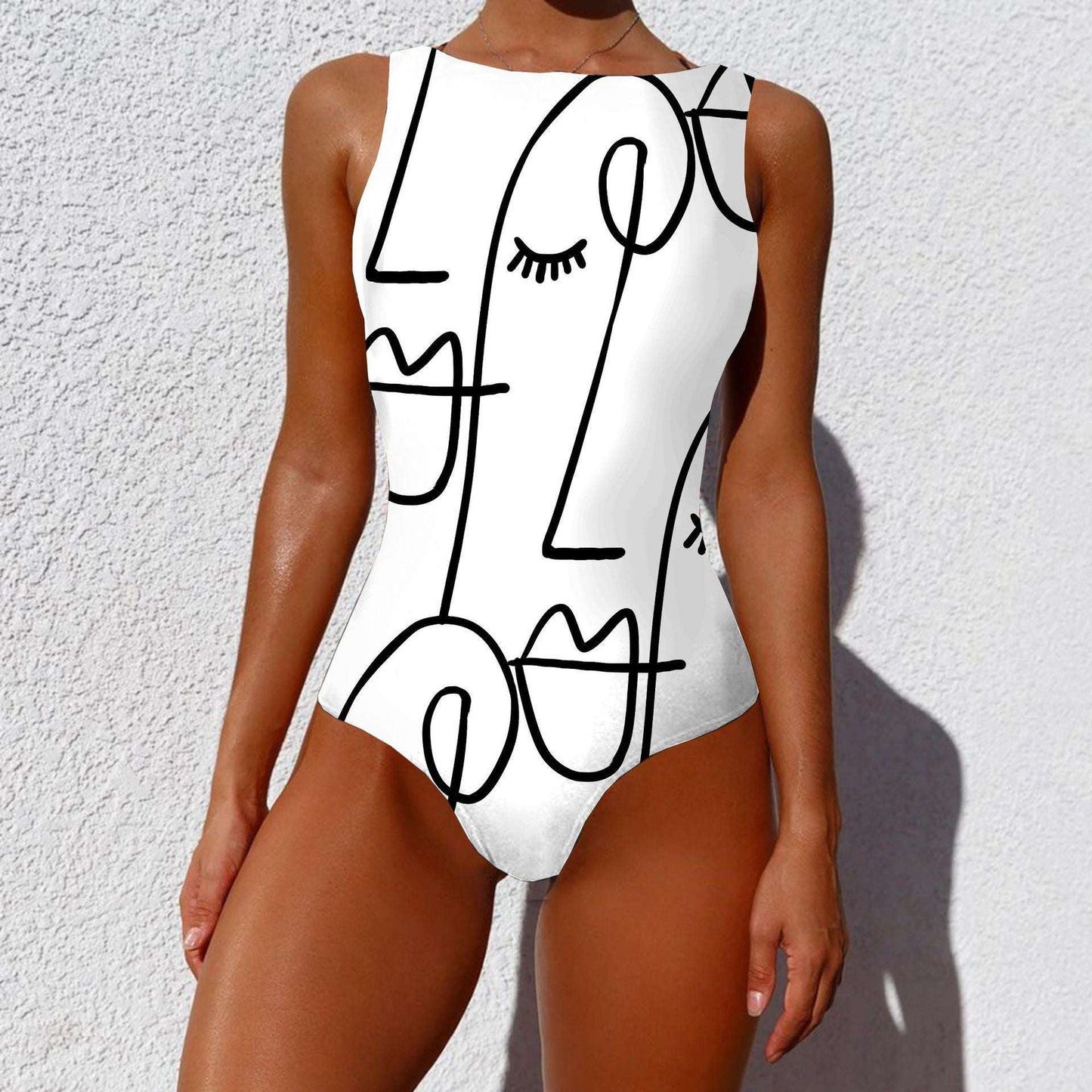 One-piece Fashion Vintage Abstract Print Lady Swimsuit Women Sleeveless Round Neck Bikini Swimwear Summer Push Up Swimsuit - globaltradeleader