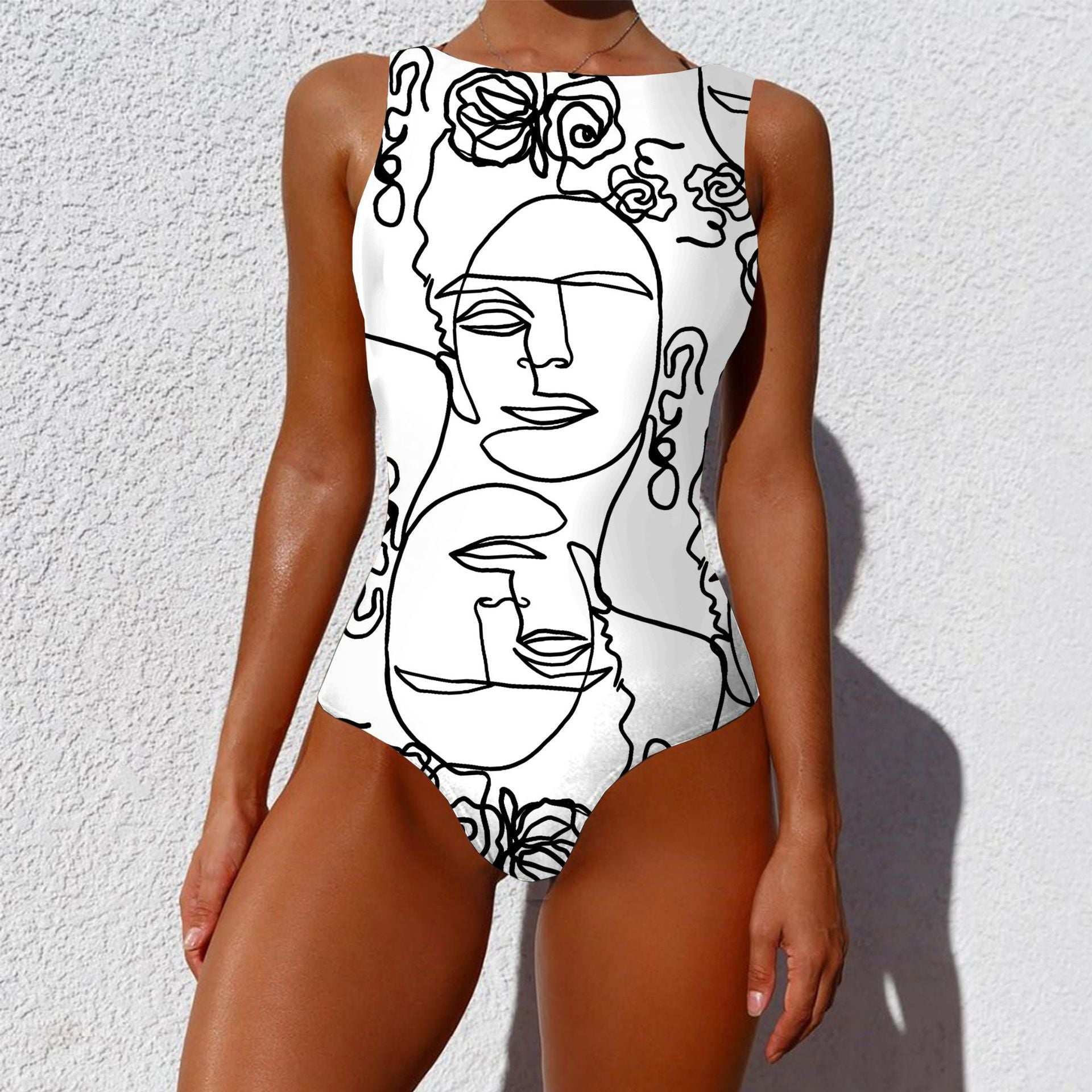 One-piece Fashion Vintage Abstract Print Lady Swimsuit Women Sleeveless Round Neck Bikini Swimwear Summer Push Up Swimsuit - globaltradeleader