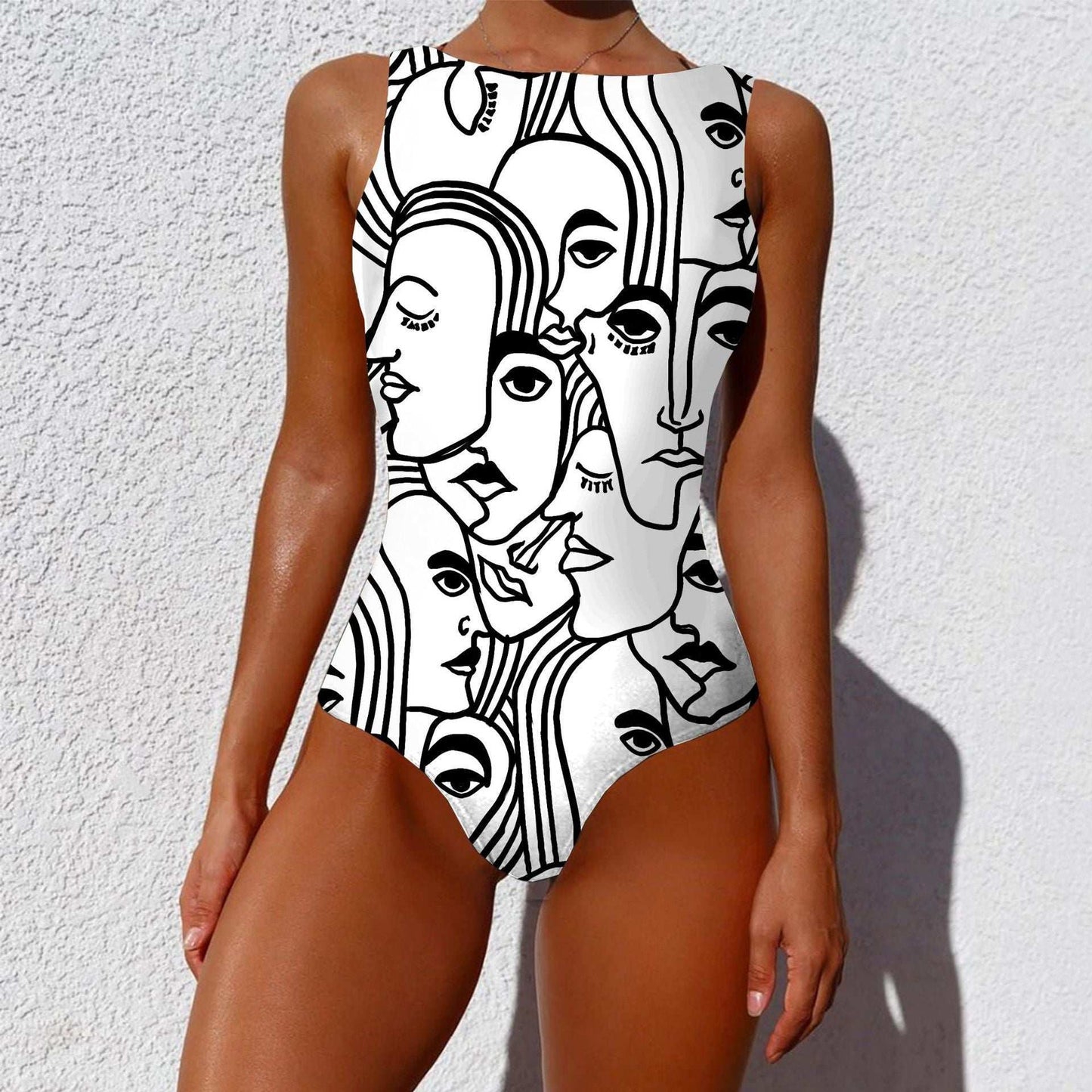 One-piece Fashion Vintage Abstract Print Lady Swimsuit Women Sleeveless Round Neck Bikini Swimwear Summer Push Up Swimsuit - globaltradeleader