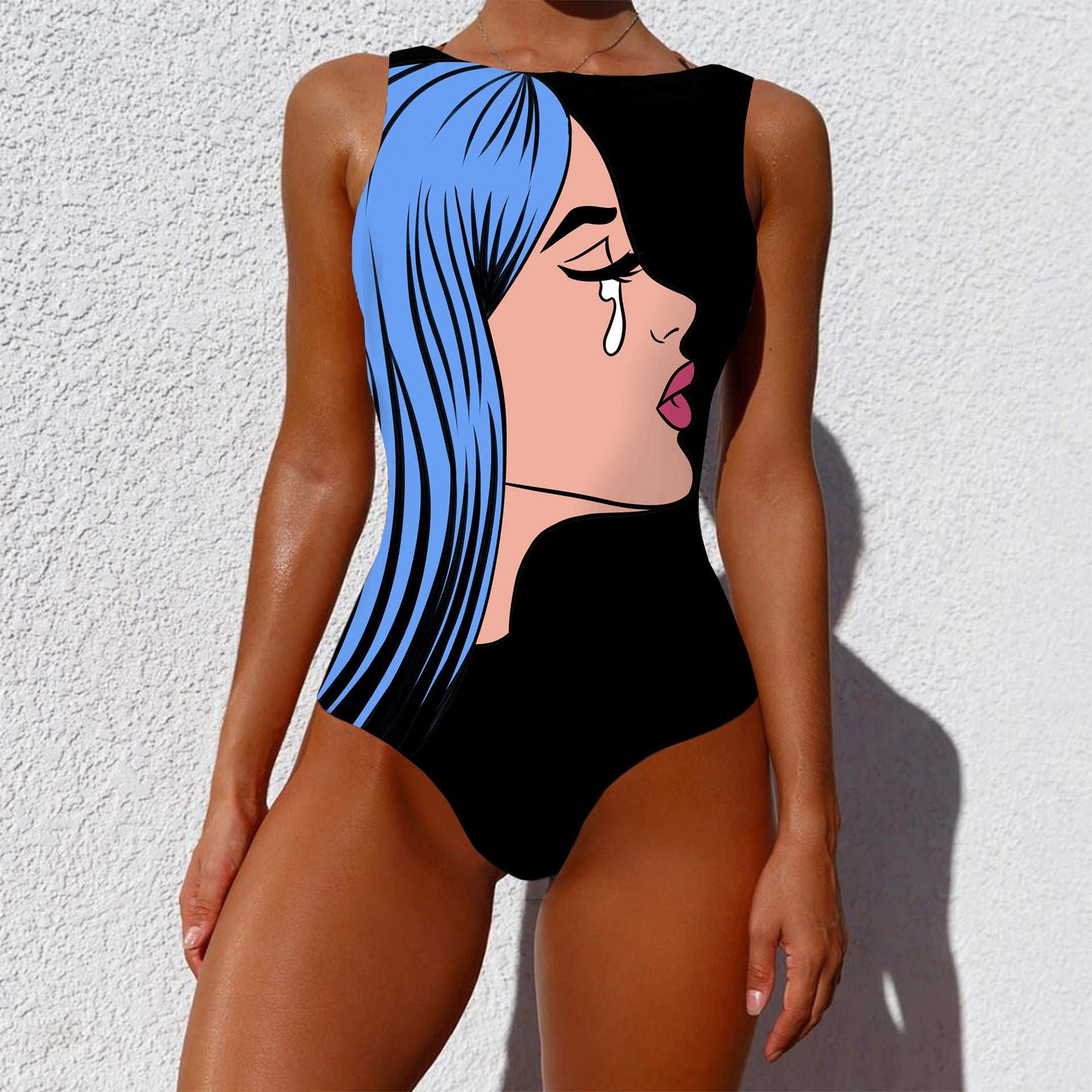 One-piece Fashion Vintage Abstract Print Lady Swimsuit Women Sleeveless Round Neck Bikini Swimwear Summer Push Up Swimsuit - globaltradeleader