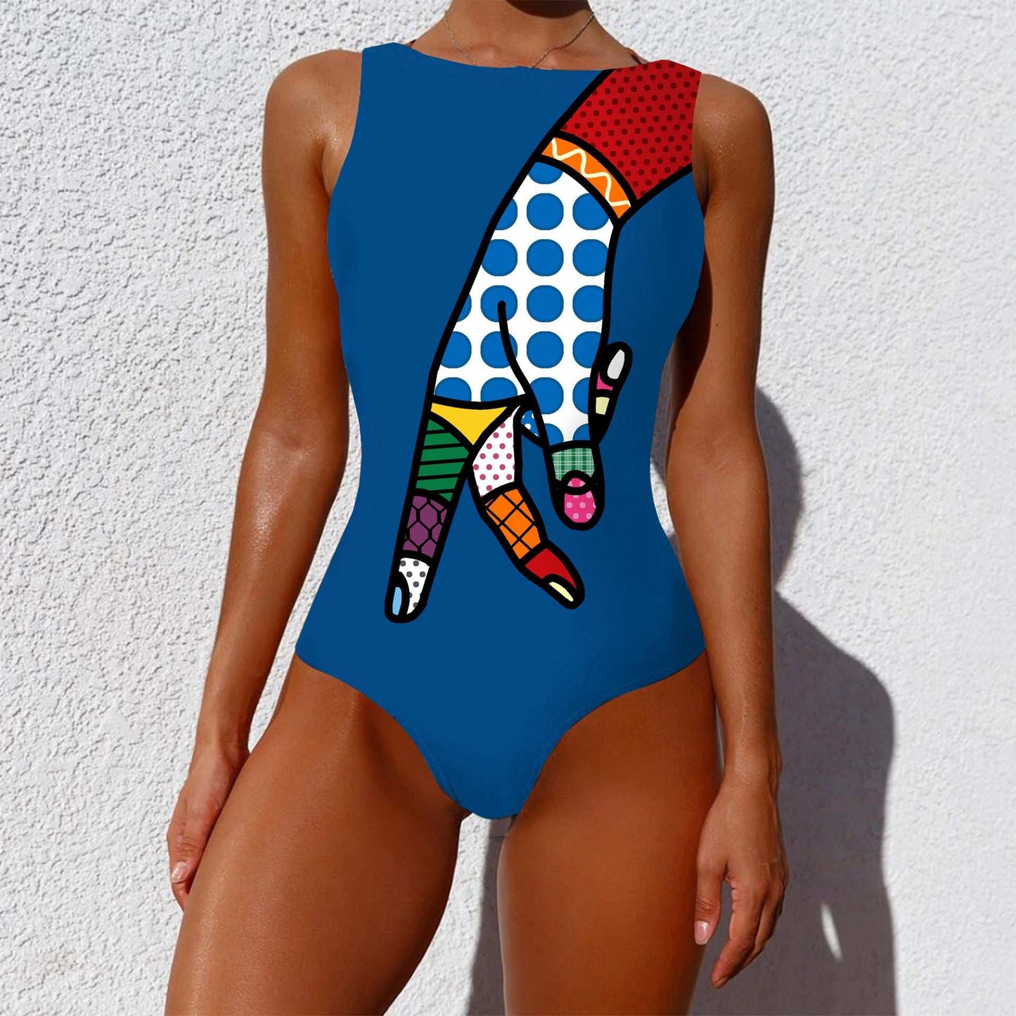 One-piece Fashion Vintage Abstract Print Lady Swimsuit Women Sleeveless Round Neck Bikini Swimwear Summer Push Up Swimsuit - globaltradeleader