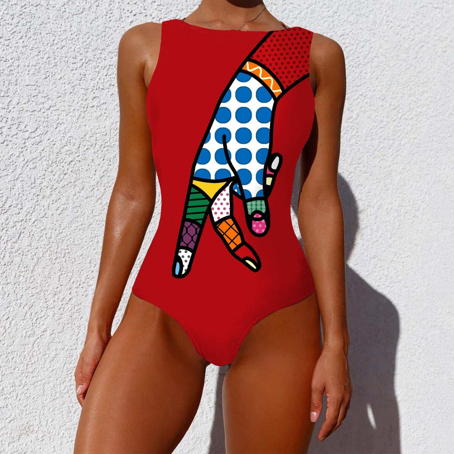 One-piece Fashion Vintage Abstract Print Lady Swimsuit Women Sleeveless Round Neck Bikini Swimwear Summer Push Up Swimsuit - globaltradeleader
