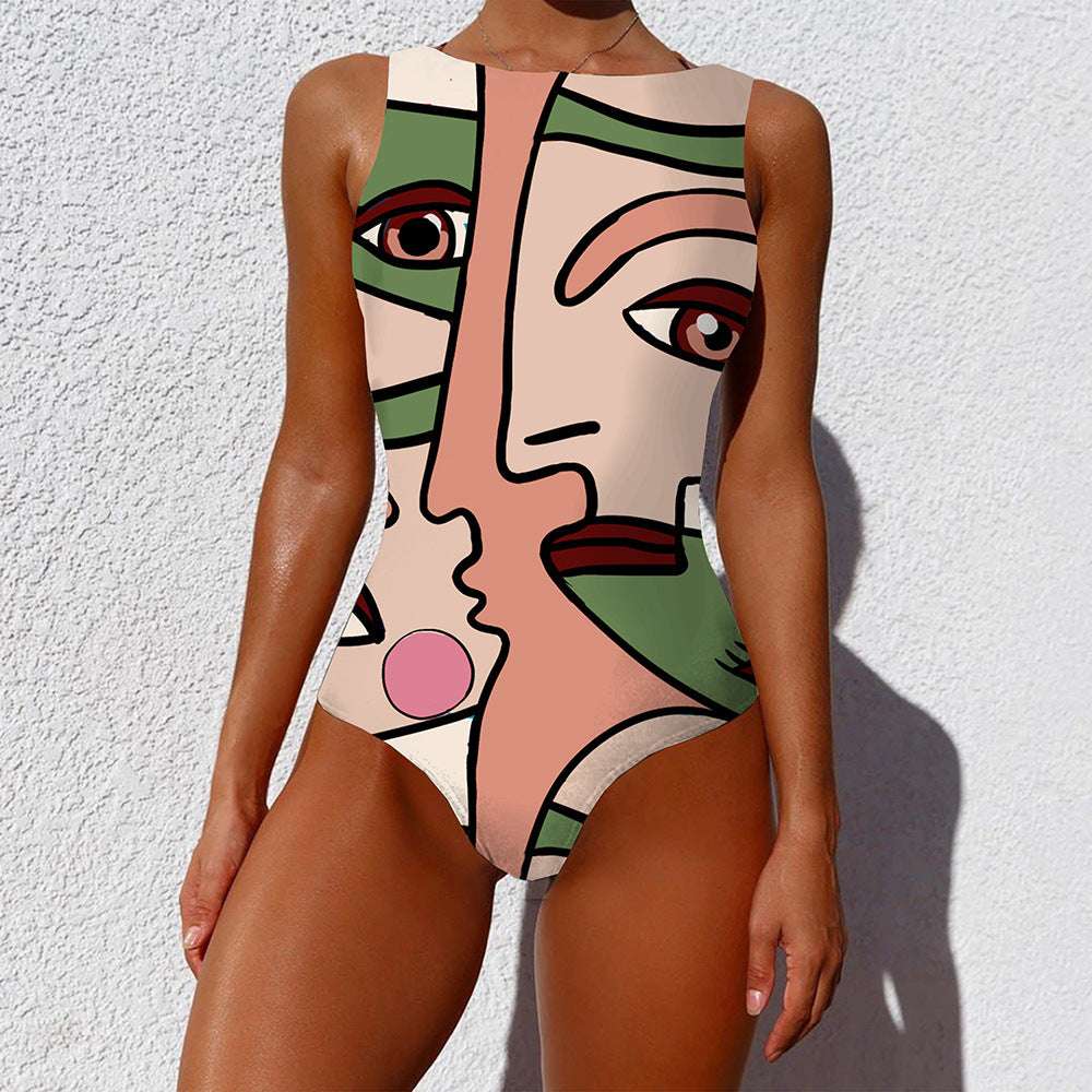 One-piece Fashion Vintage Abstract Print Lady Swimsuit Women Sleeveless Round Neck Bikini Swimwear Summer Push Up Swimsuit - globaltradeleader