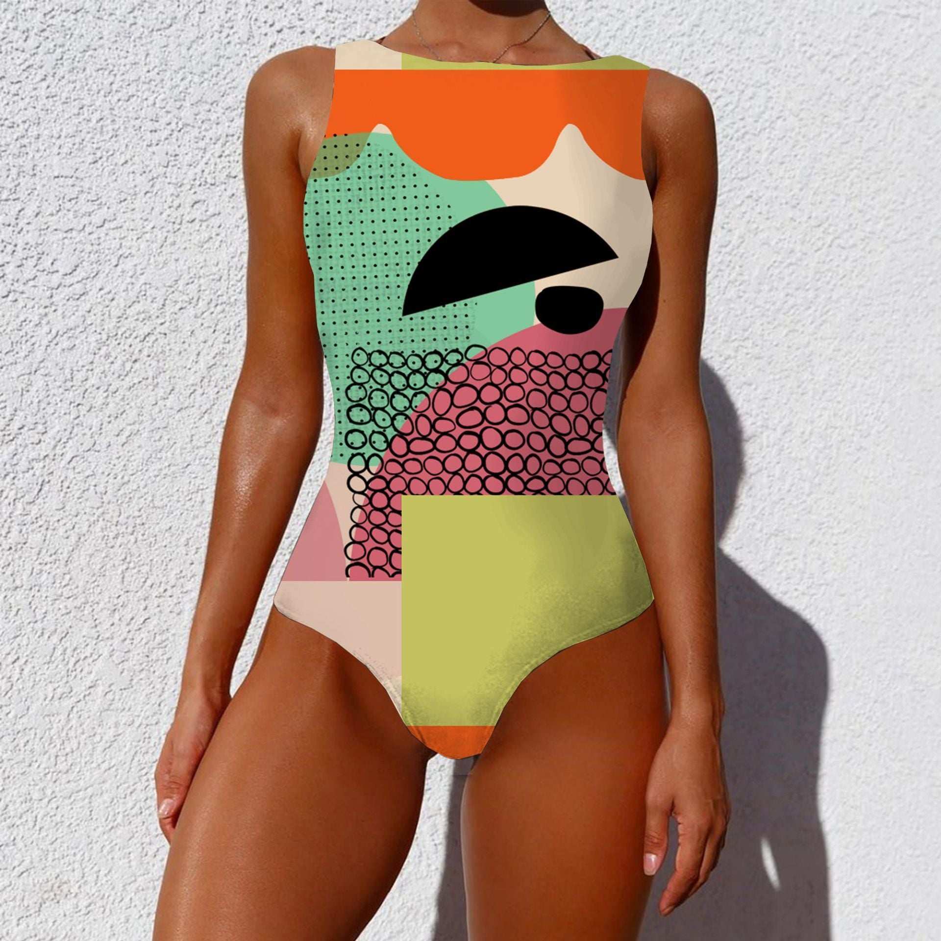 One-piece Fashion Vintage Abstract Print Lady Swimsuit Women Sleeveless Round Neck Bikini Swimwear Summer Push Up Swimsuit - globaltradeleader