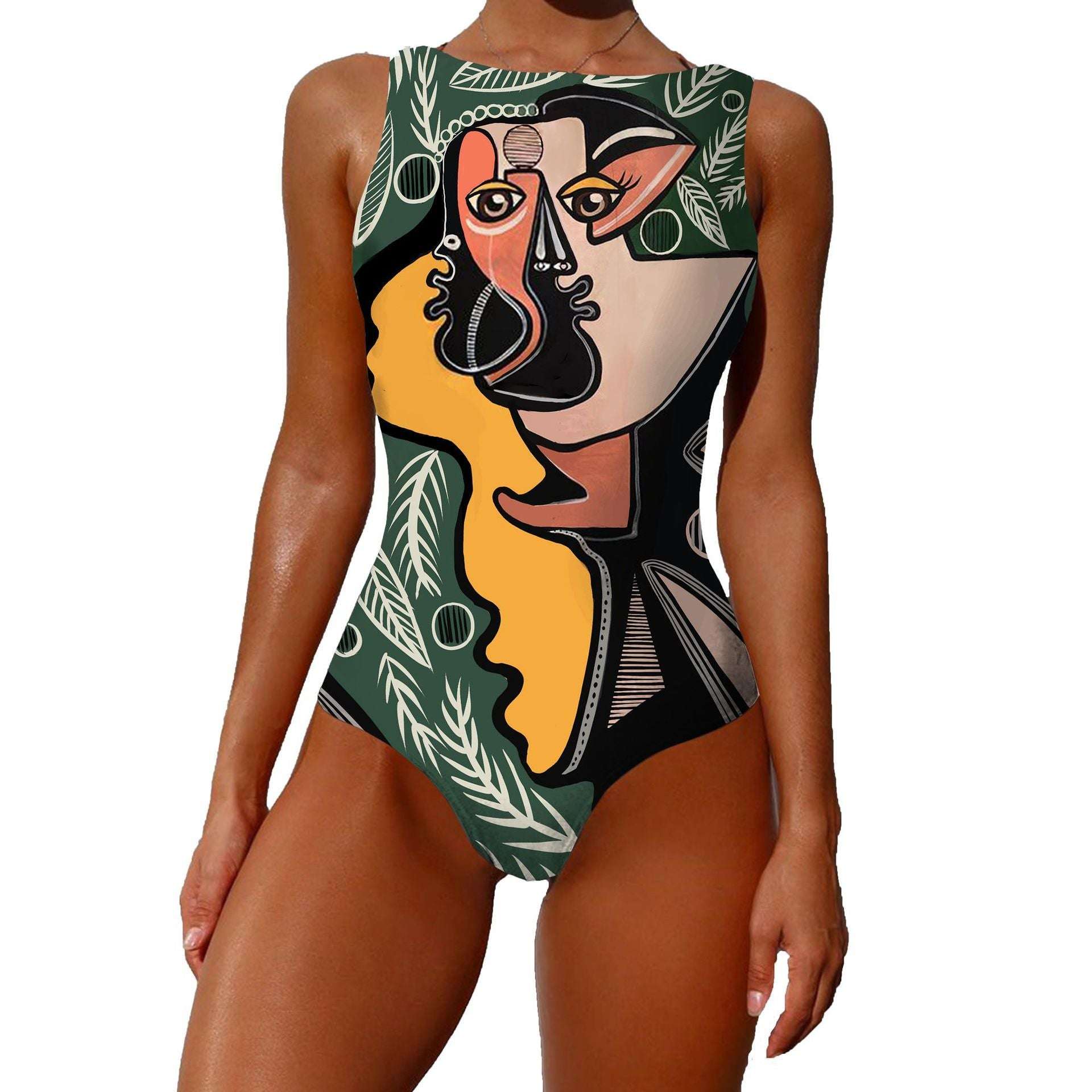 One-piece Fashion Vintage Abstract Print Lady Swimsuit Women Sleeveless Round Neck Bikini Swimwear Summer Push Up Swimsuit - globaltradeleader