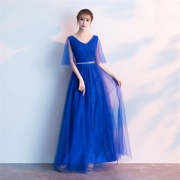 Beauty-Emily Tulle V Neck Ruffle Evening Dresses Long A-line Crystal Formal Dress Party Prom Gowns Lace Up Back Vestido de noche - globaltradeleader