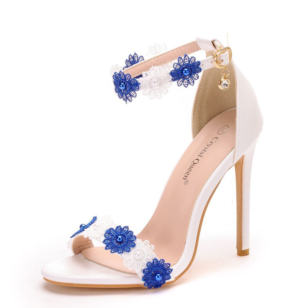 11Cm Lace Beaded Sandals Stiletto Large Size Open Toe Hollow One-Word Buckle Sandals Female High Heels - globaltradeleader