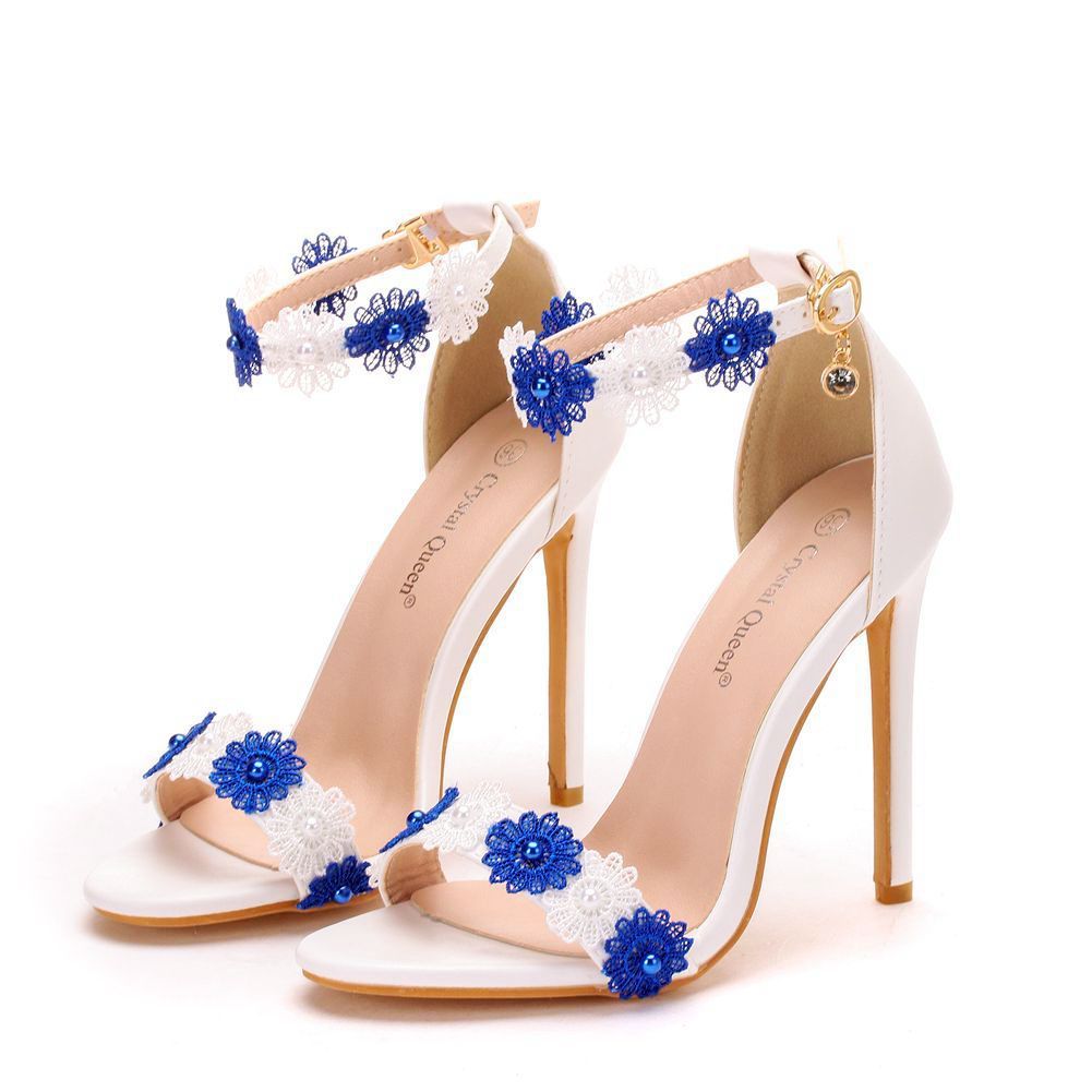 11Cm Lace Beaded Sandals Stiletto Large Size Open Toe Hollow One-Word Buckle Sandals Female High Heels - globaltradeleader