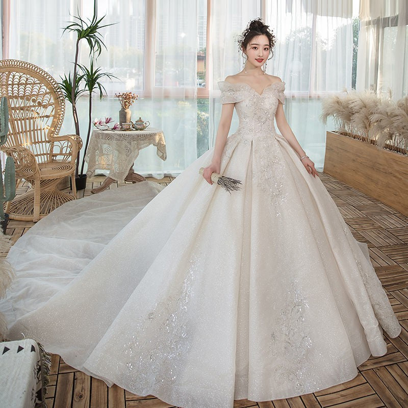 One-Shoulder Main Wedding Dress New Temperament Forest Super Fairy Dream Little Bride Han Trailing Starry Sky - globaltradeleader