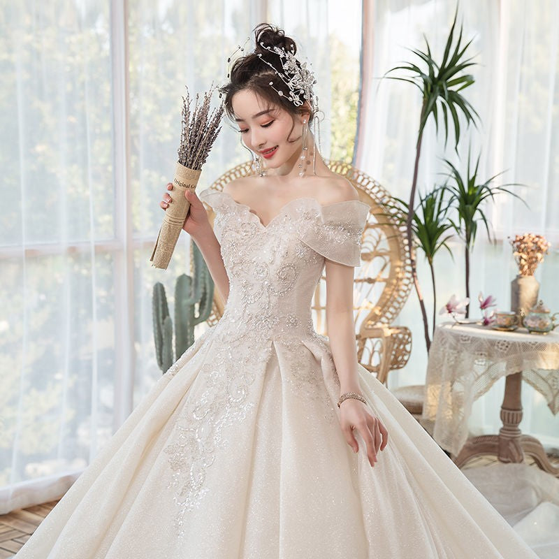 One-Shoulder Main Wedding Dress New Temperament Forest Super Fairy Dream Little Bride Han Trailing Starry Sky - globaltradeleader