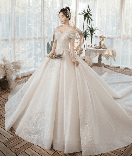 One-Shoulder Main Wedding Dress New Temperament Forest Super Fairy Dream Little Bride Han Trailing Starry Sky - globaltradeleader