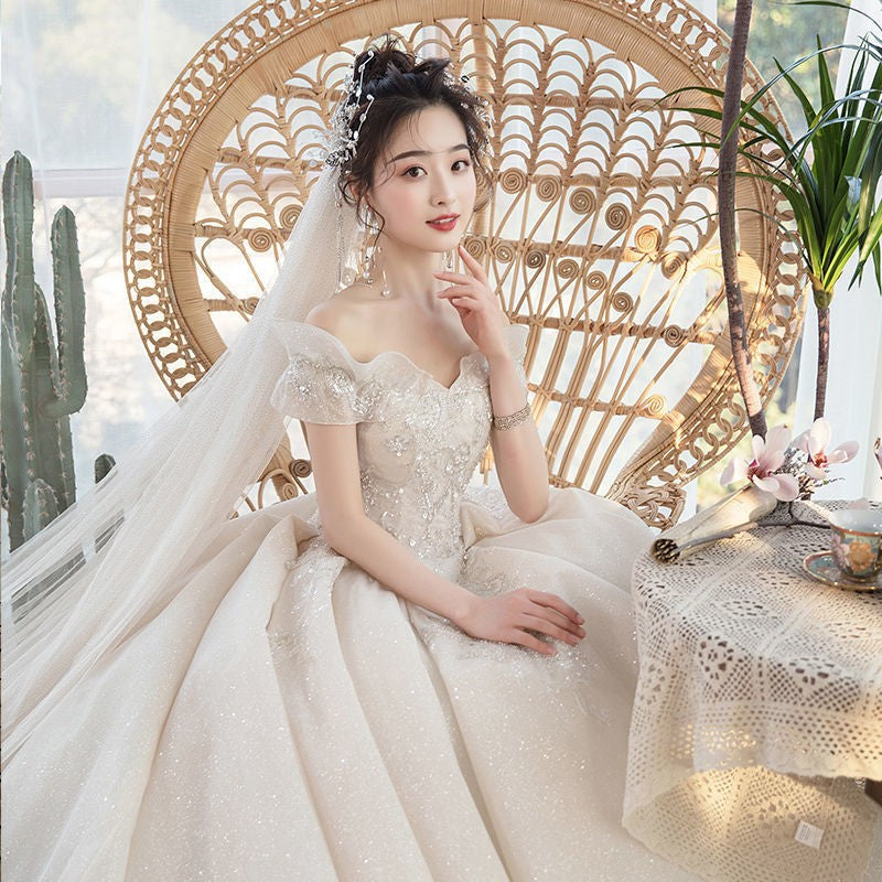 One-Shoulder Main Wedding Dress New Temperament Forest Super Fairy Dream Little Bride Han Trailing Starry Sky - globaltradeleader