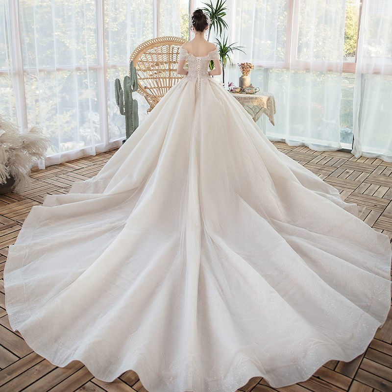 One-Shoulder Main Wedding Dress New Temperament Forest Super Fairy Dream Little Bride Han Trailing Starry Sky - globaltradeleader