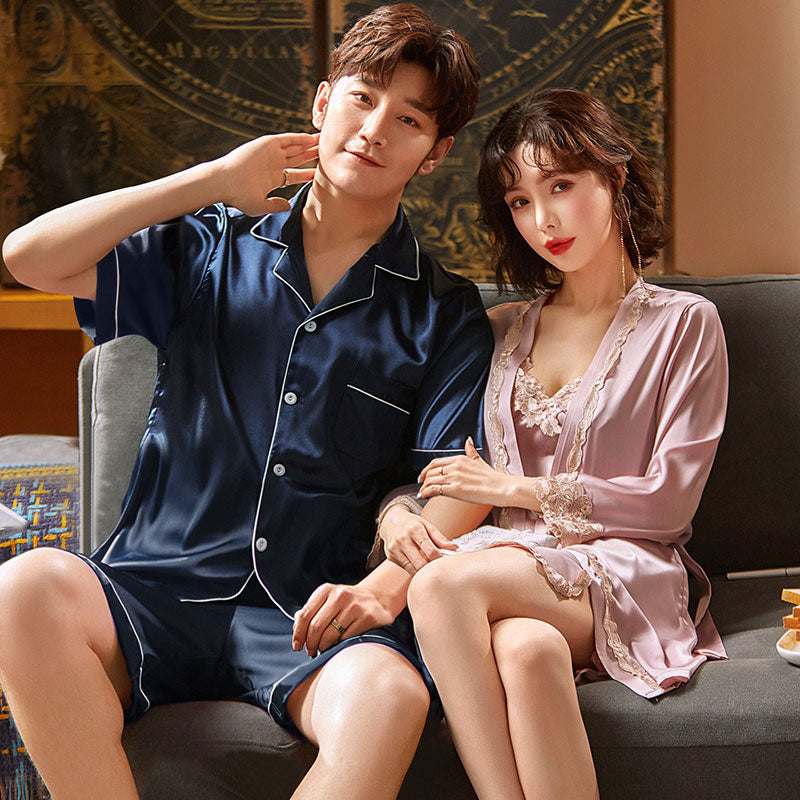 Couple Pajamas Women Thin Summer Ice Silk Nightgown Sexy Nightdress Spring And Autumn Men'S Short Sleeves