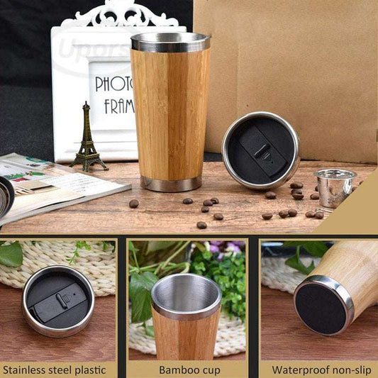 Bamboo Coffee Cup Stainless Steel Travel Mug With Lid