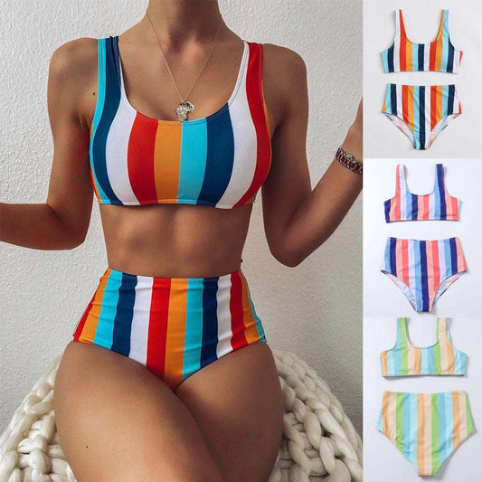 Striped Print Bikini High Waist Swimsuit - globaltradeleader