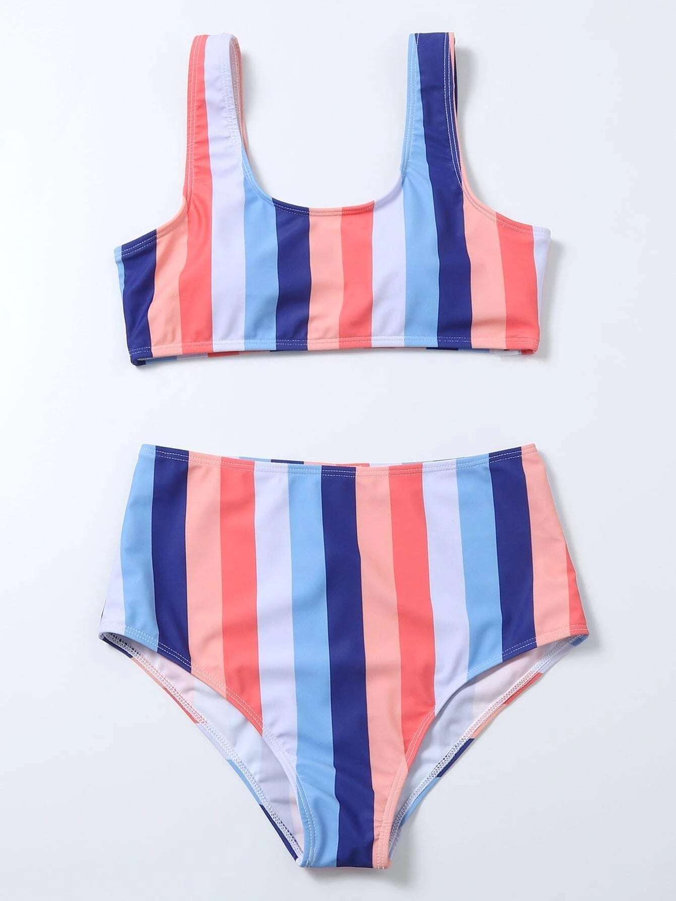 Striped Print Bikini High Waist Swimsuit - globaltradeleader