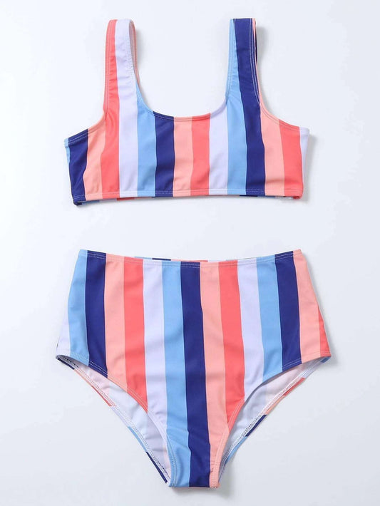 Striped Print Bikini High Waist Swimsuit - globaltradeleader