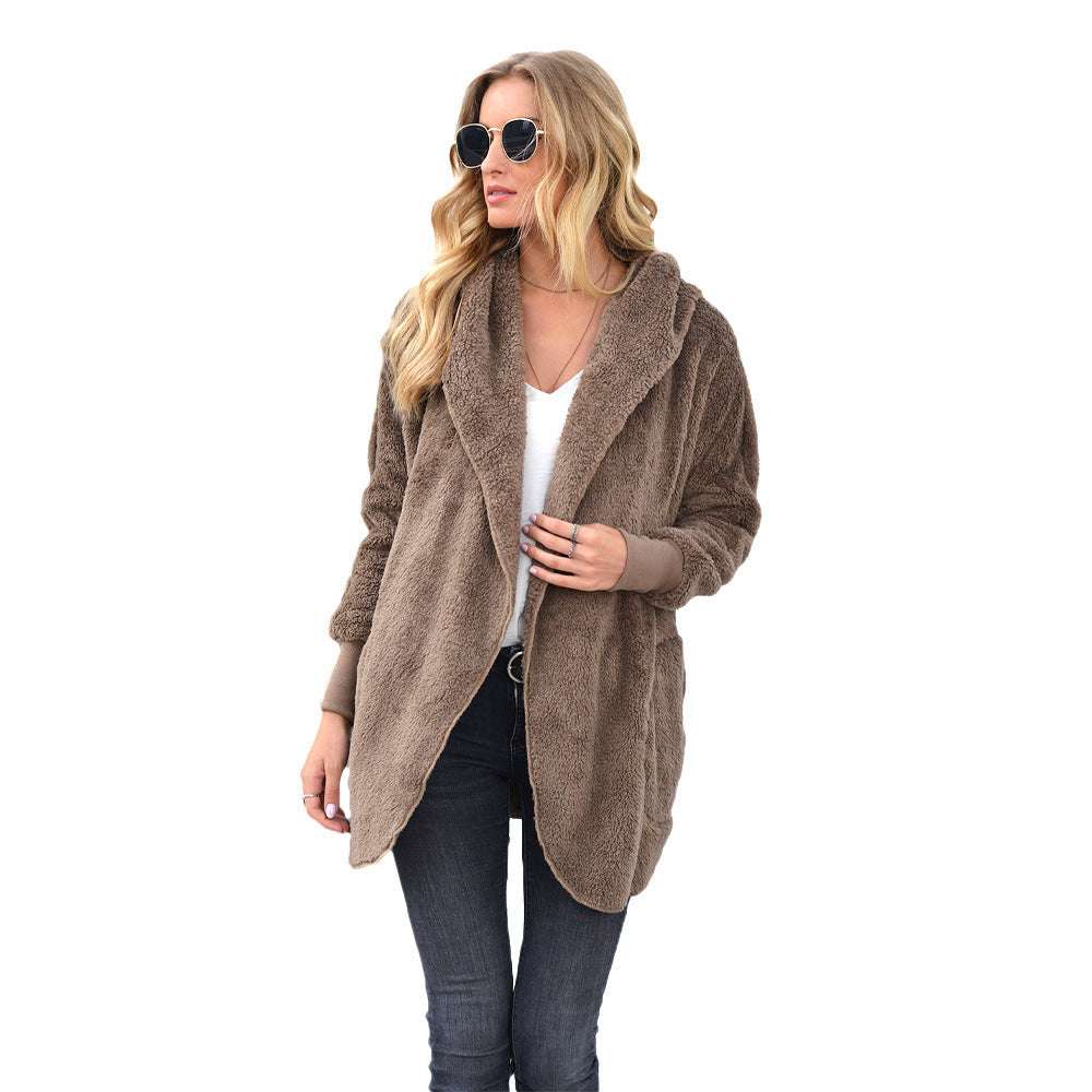 European Women's Clothing Europe And America Autumn And Winter Plush Mid-Length Hooded Jacket - globaltradeleader