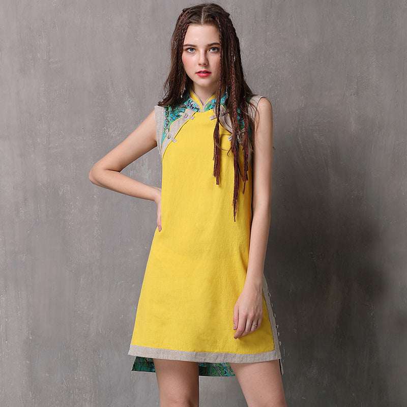 Disc Button Improved Cheongsam Retro Cotton And Linen Stitching Vest Dress