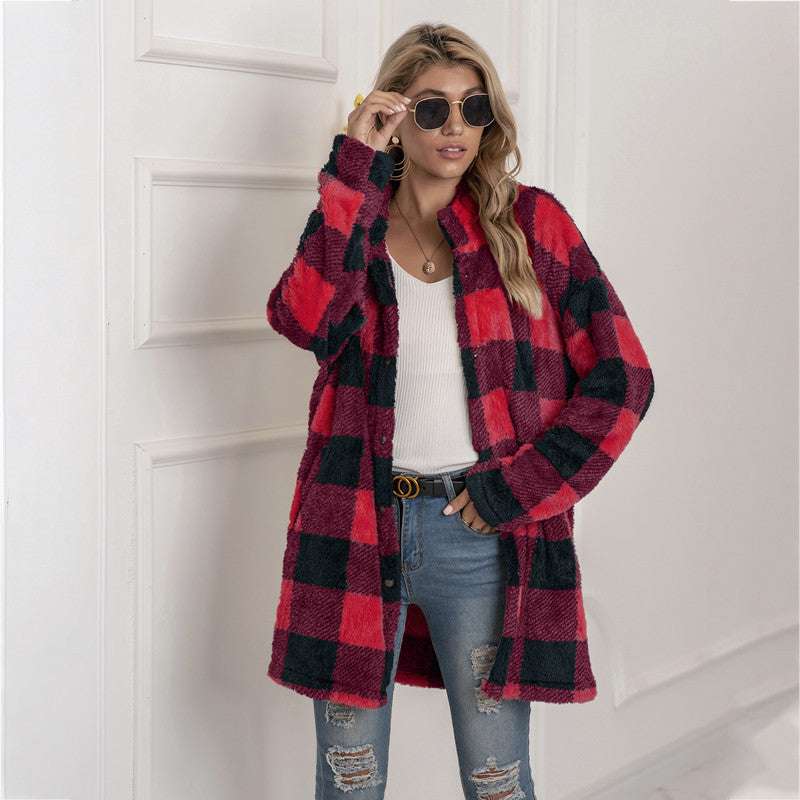 Colorblock Plaid Fleece Jacket Fashion Single Breasted Long Jacket Women's Clothing - globaltradeleader