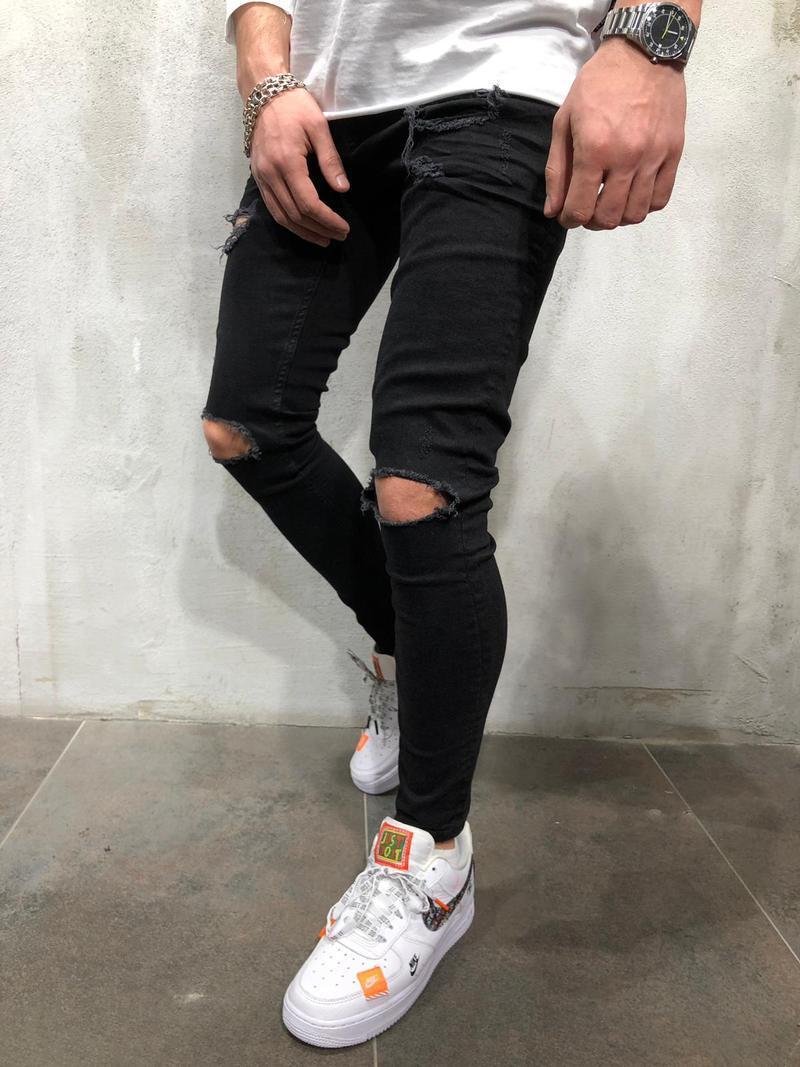 New Black Small Feet Jeans Men's Ripped Straight Leg Jeans - globaltradeleader