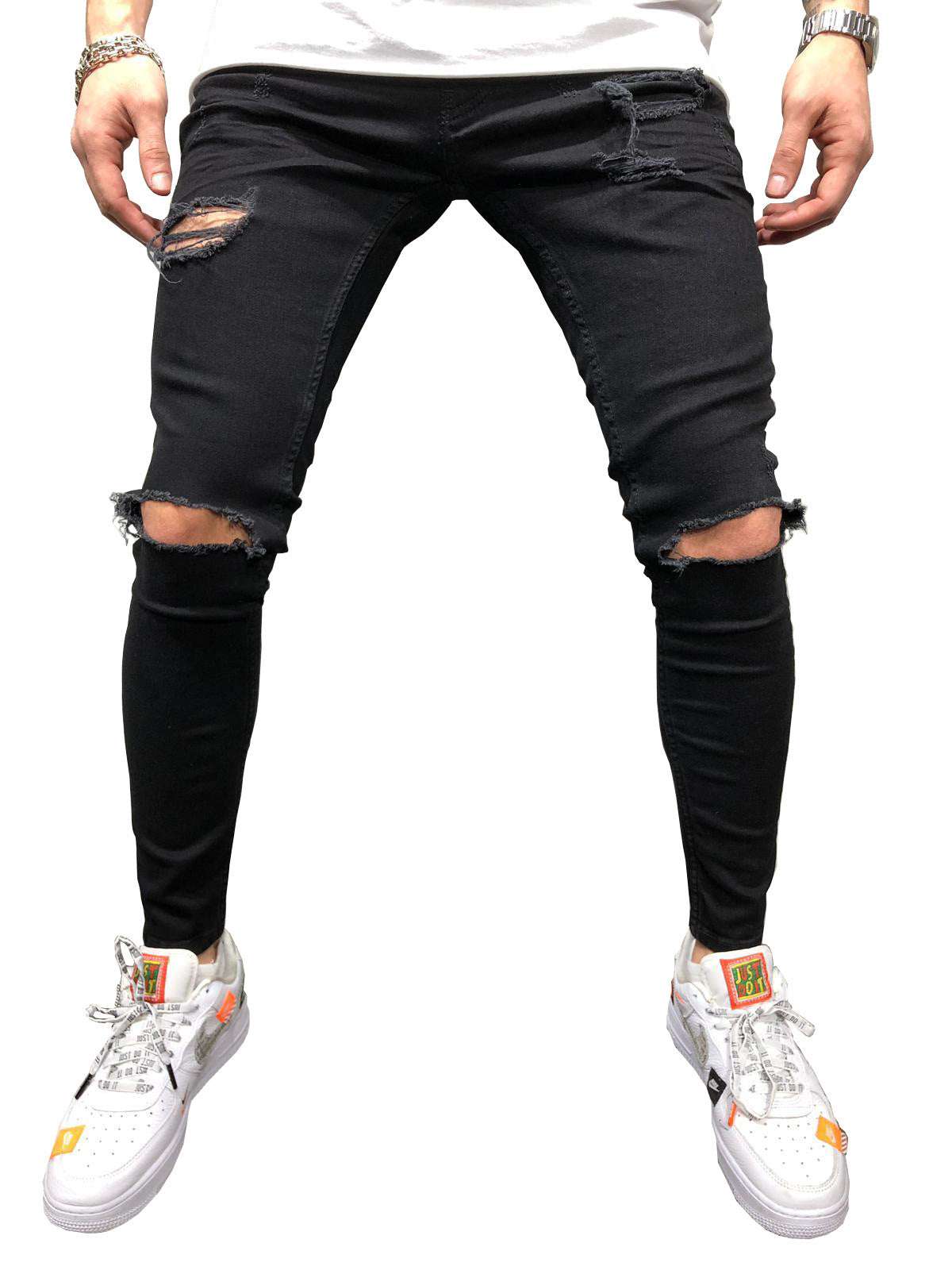 New Black Small Feet Jeans Men's Ripped Straight Leg Jeans - globaltradeleader