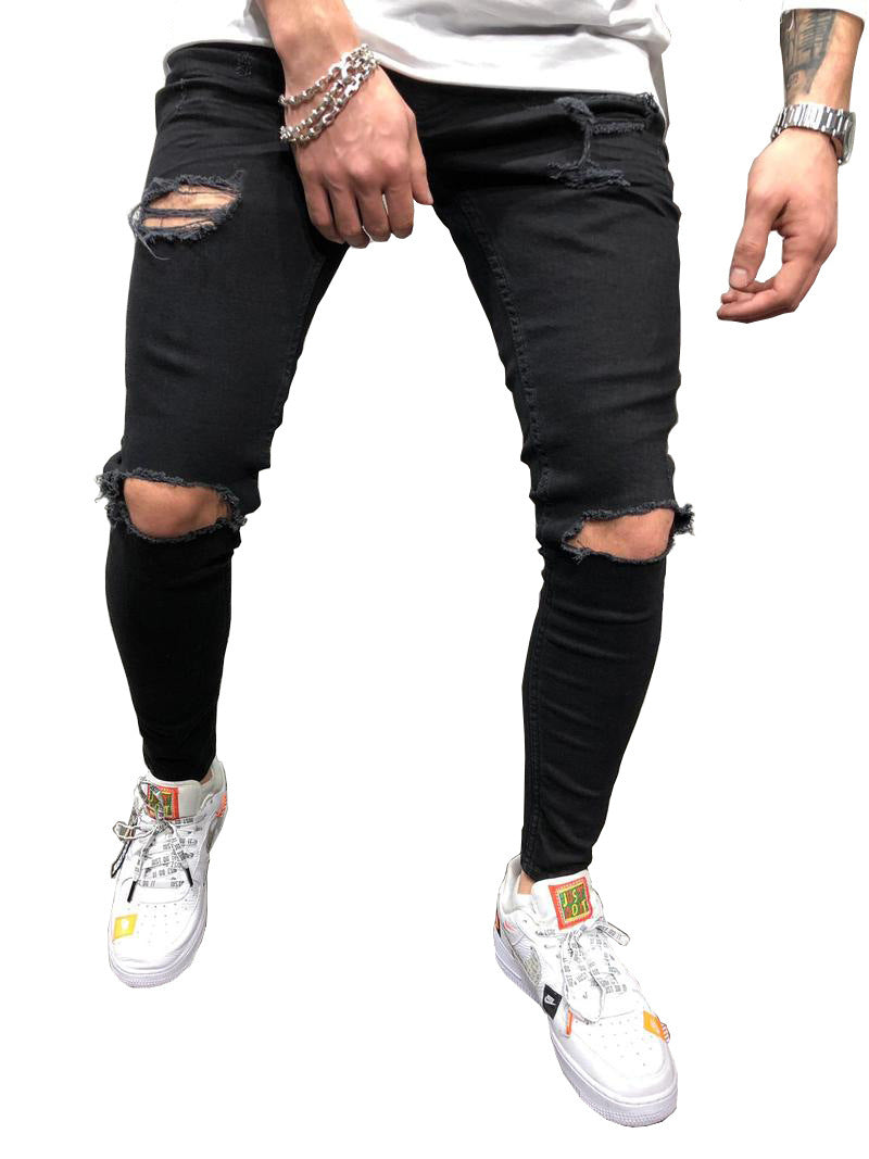 New Black Small Feet Jeans Men's Ripped Straight Leg Jeans - globaltradeleader