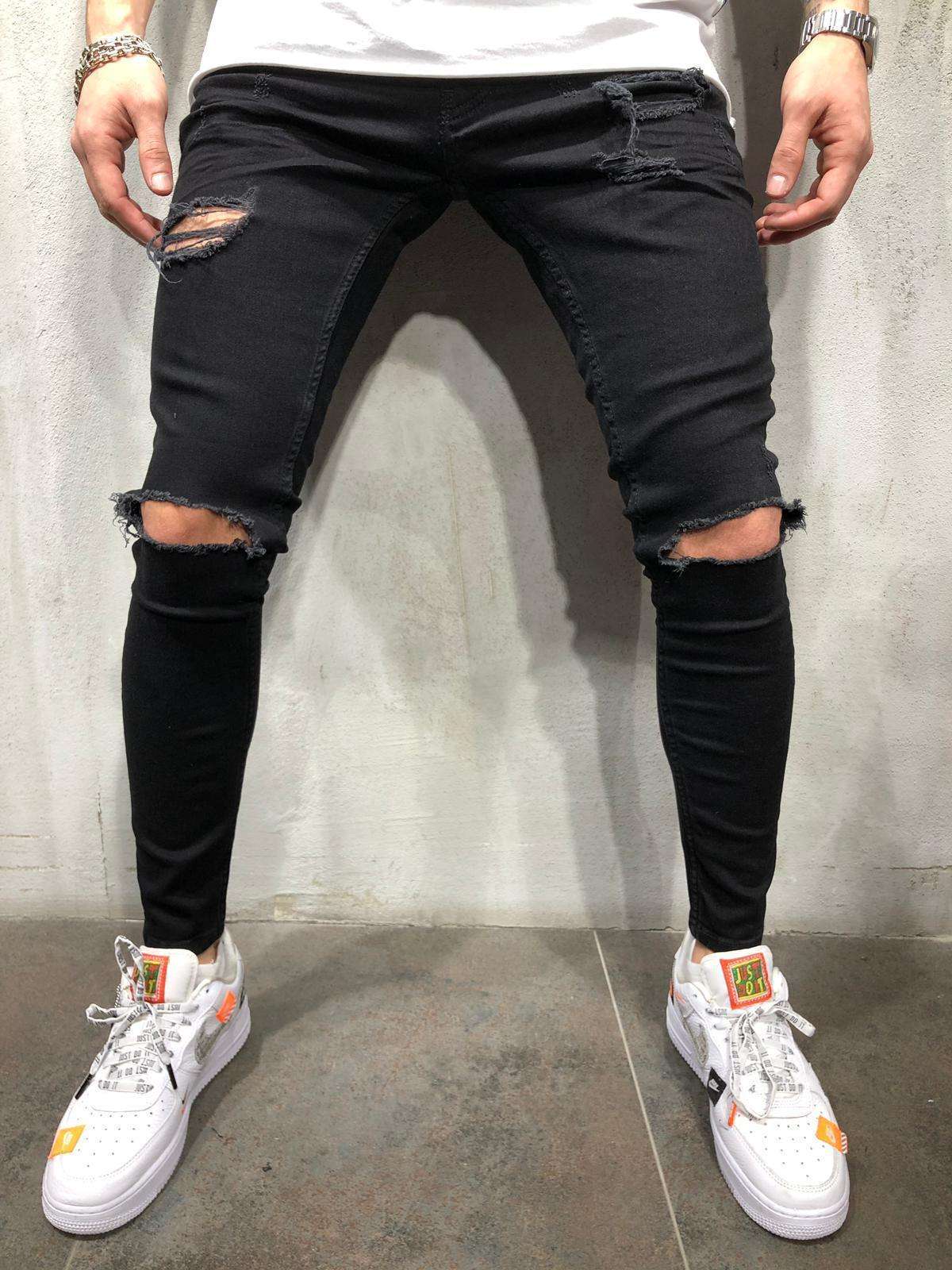 New Black Small Feet Jeans Men's Ripped Straight Leg Jeans - globaltradeleader