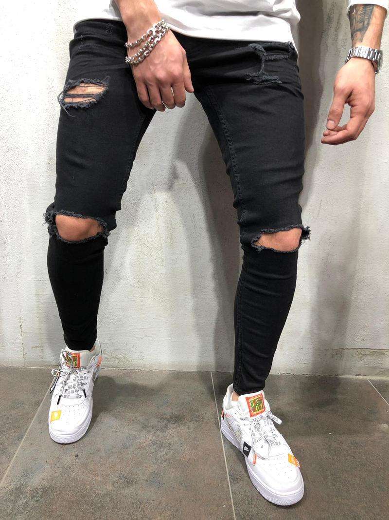 New Black Small Feet Jeans Men's Ripped Straight Leg Jeans - globaltradeleader