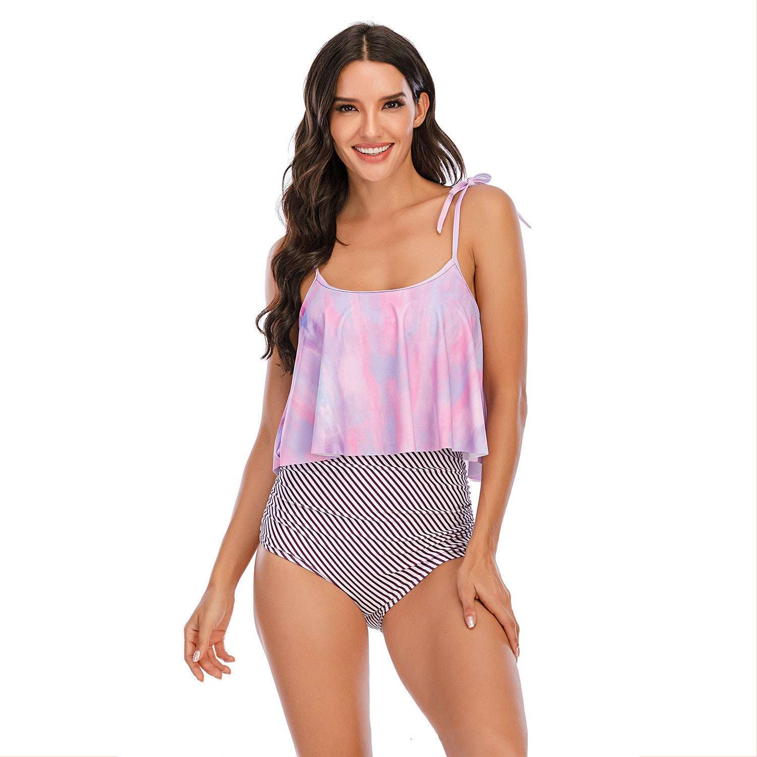 Ruffled Swimsuit Ladies Cover Belly High Waist Swimsuit Tie Dye Bikini - globaltradeleader