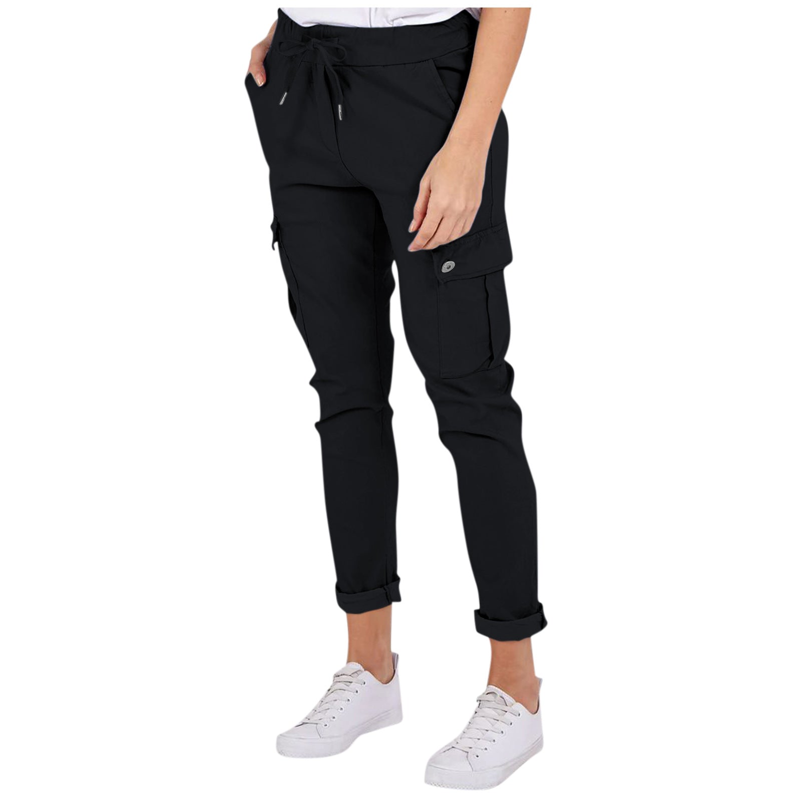 Casual Cargo Pants With Pockets Solid Color Drawstring Waist Pencil Trousers For Women - globaltradeleader