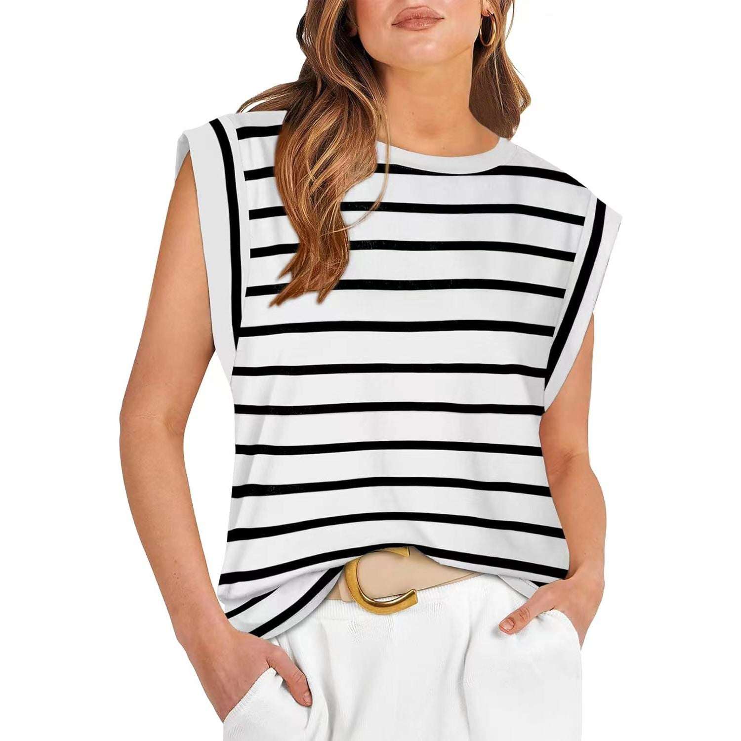 Spring And Summer New Round Neck Loose Short Sleeved T-shirt Striped Top Women's Vest - globaltradeleader