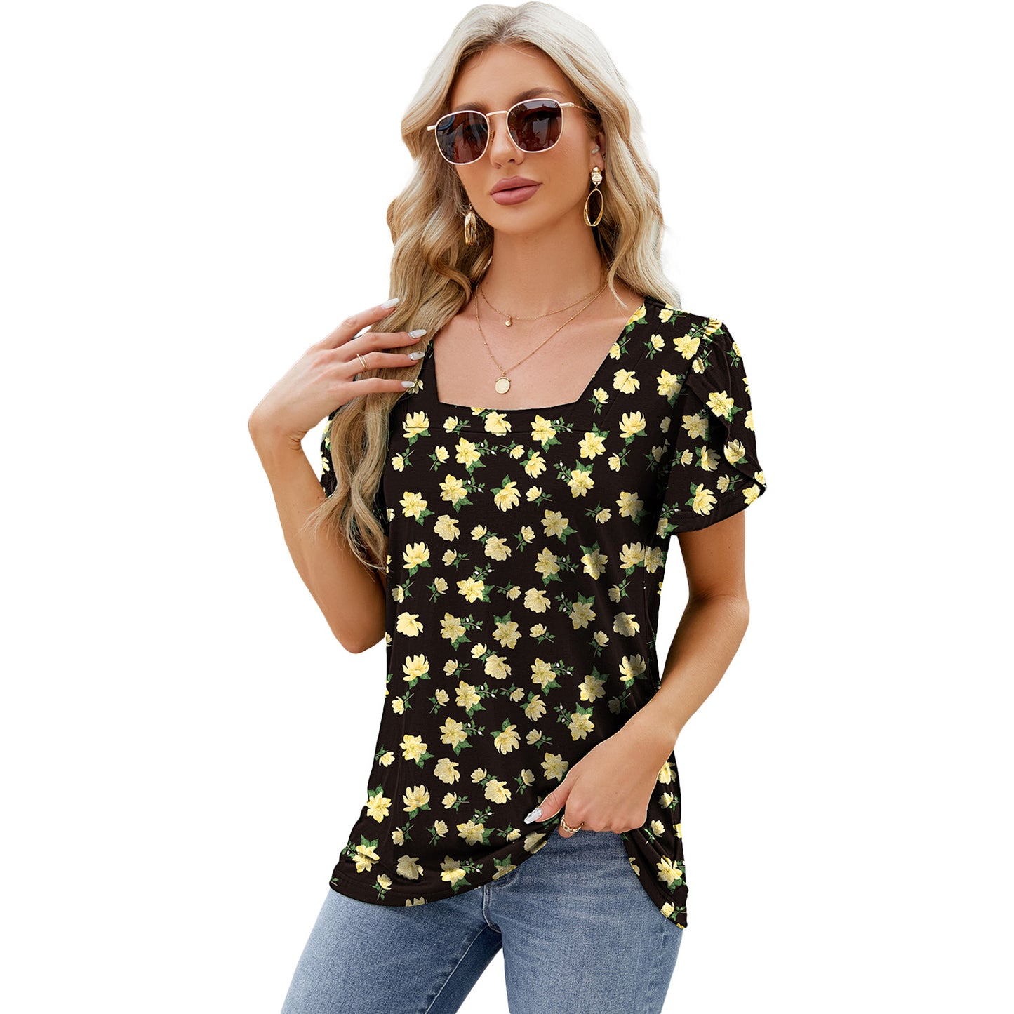 Summer Top Fashion Square Neck Printed Short-sleeved T-shirt With Petal Sleeve Design Bohemian Beach Loose T-shirt For Womens Clothing - globaltradeleader