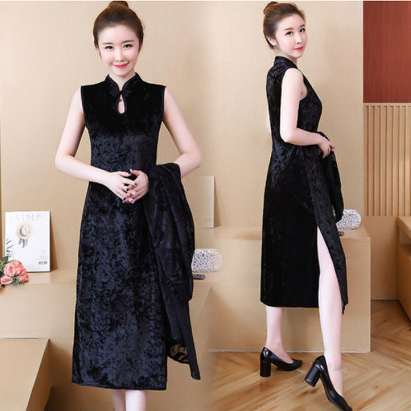 Gold velvet cheongsam dress