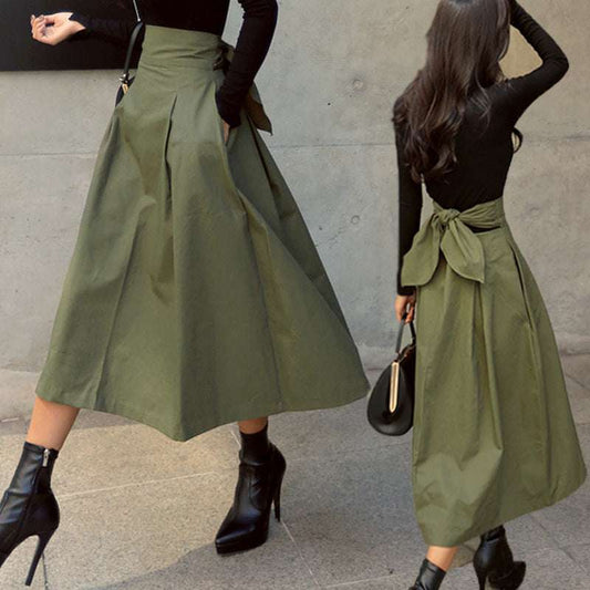 Skirt Spring And Autumn A- Line Umbrella Skirt Super Popular Bow Large Swing Skirt Slim Waist Long