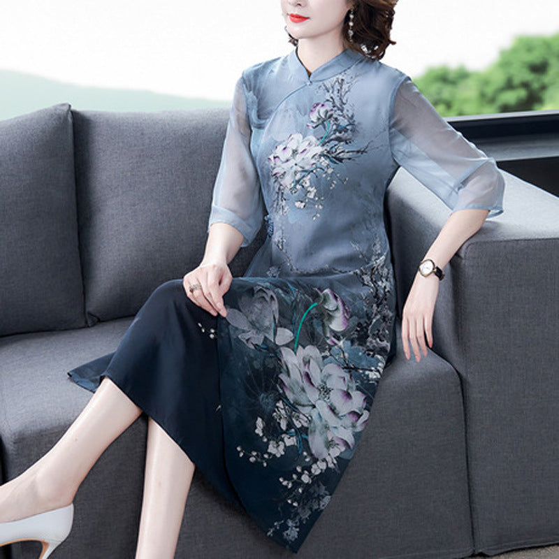 Chinese style printed silk cheongsam