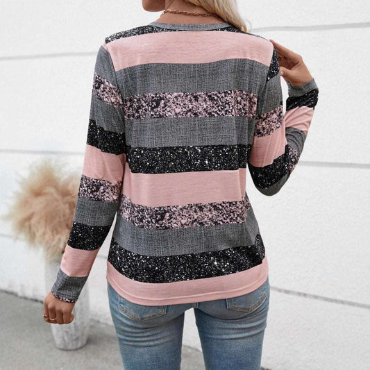 Striped V-neck 3D Printing Fashion Casual Sweater - globaltradeleader