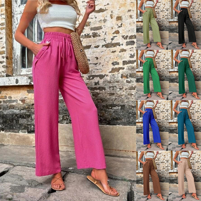 New Casual Pants With Pockets Elastic Drawstring High Waist Loose Trousers For Women - globaltradeleader