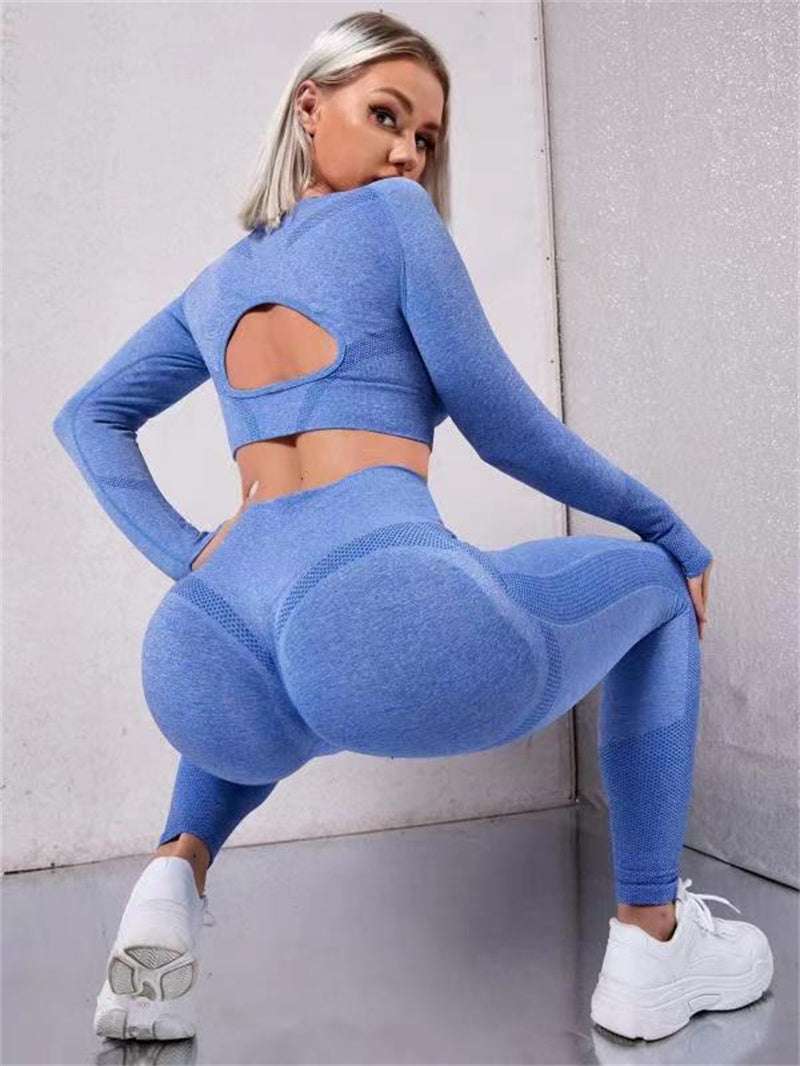 2pcs Sports Suits Long Sleeve Hollow Design Tops And Butt Lifting High Waist Seamless Fitness Leggings Sports Gym Sportswear Outfits Clothing - globaltradeleader